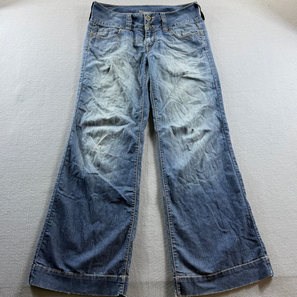 Apt. 9 Wide Leg Jeans Women 4 Blue Denim Low Rise Y2K Flap Pocket Stretch 32x30